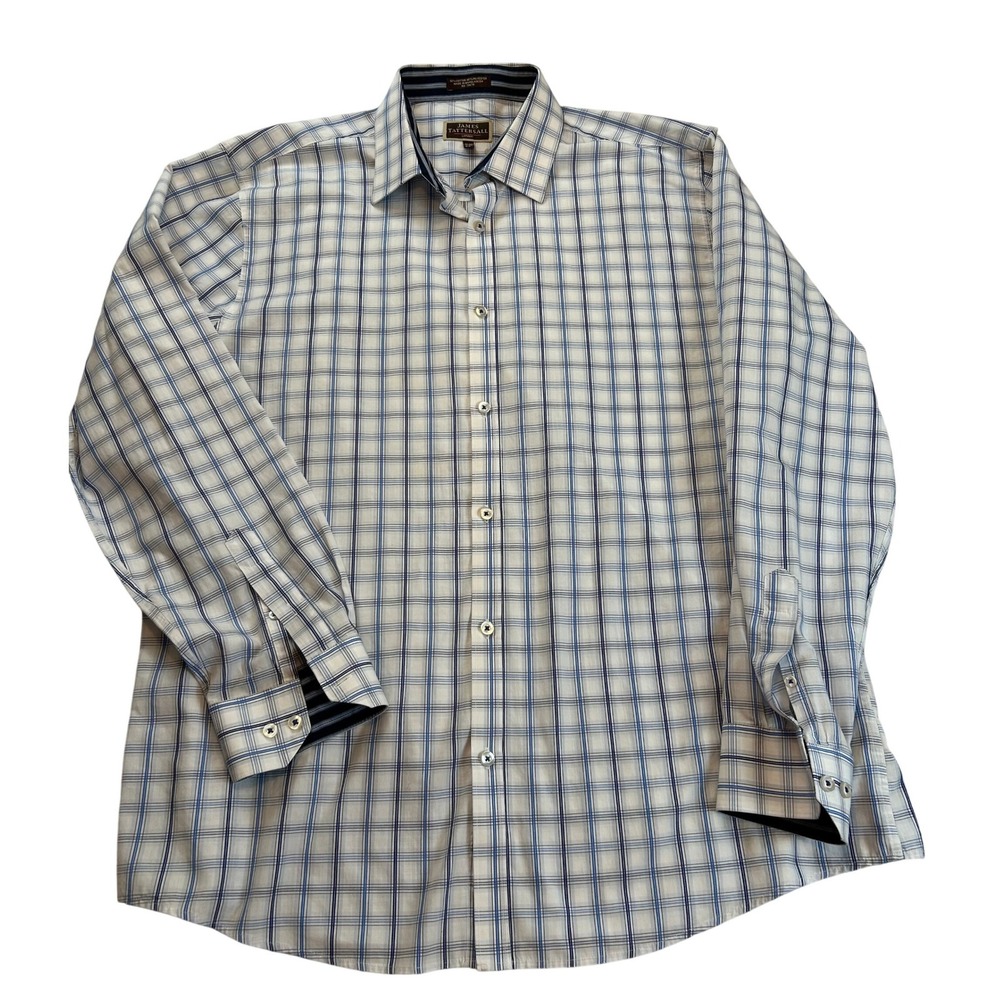 James Tattersall London Men Plaid Long Sleeve Dress Shirt Blue White XXL 16 16.5